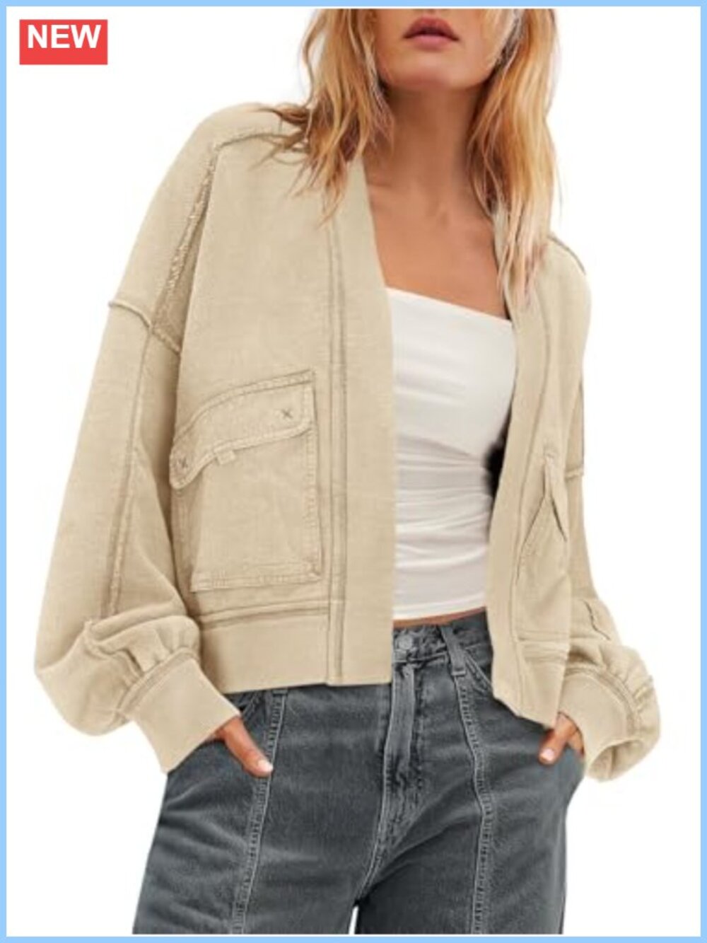 Womens Oversized Sweatshirt Cardigan Drop Shoulder Open Front Crop